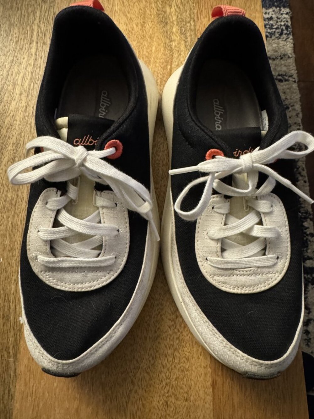 Allbirds Size 8M Women's Black and White Canvas Sneakers with Coral Accents